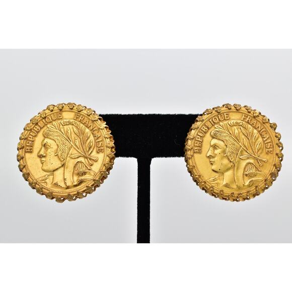 Miriam Haskell Vintage French Coin Clip On Earrings Chunky Gold Signed 60s BinBF